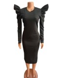 Black Frill Long Sleeve O-Neck Midi Fitted Dress