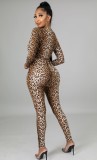 Leopard Print Cut Out Lace Up Long Sleeve Fitted Jumpsuit