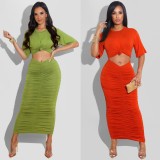 Orange-Red Short Sleeve O-Neck Crop Top and Ruched Long Dress Two Piece Set