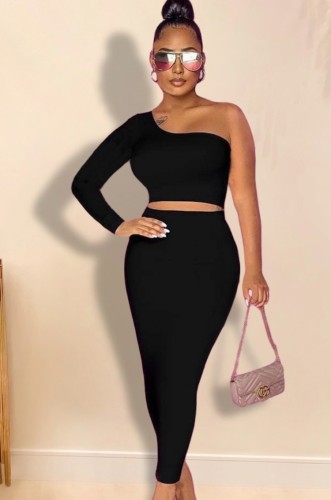 Black One Shoulder Crop Top and Long Matching Dress Two Piece Set