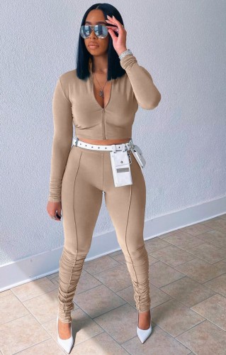 Khaki Zipper Up Long Sleeve Crop Top and Pants Two Piece Set