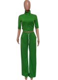 Green Zipper Up Crop Top and Drawstring Pants Two Piece Set
