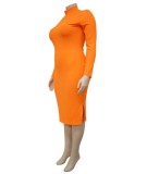 Plus Size Orange Knit High Neck Long Sleeve Midi Bodycon Dress