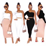 White One Shoulder Crop Top and Long Matching Dress Two Piece Set