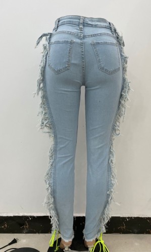 Light Blue Fringe Ripped Hole Midi Waist Jeans