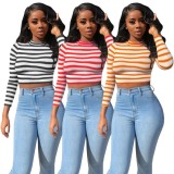 Casual Yellow Stripe Stand Collar Long Sleeve Crop Top