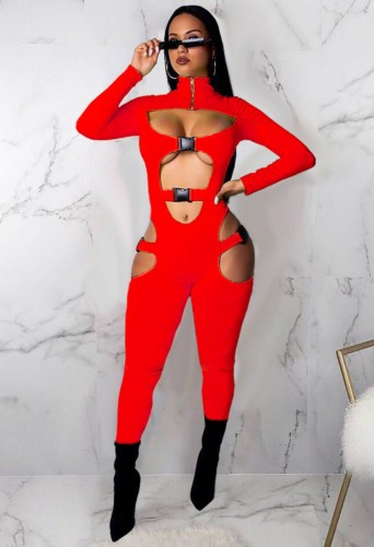 Red Cut Out Buckle Turtleneck Long Sleeve Skinny Jumpsuit