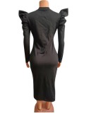 Black Frill Long Sleeve O-Neck Midi Fitted Dress