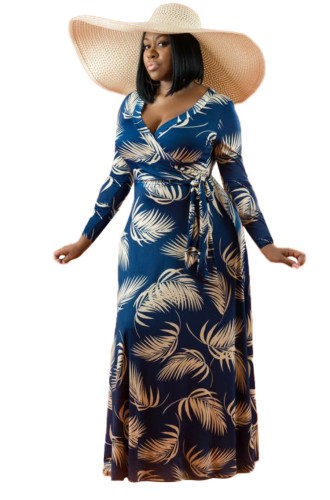 Plus Size Leaf Print Long Sleeve V-Neck Maxi Dress