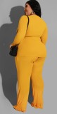 Plus Size Yellow Long Sleeve O-Neck Belted Top and Pant Two Piece Set