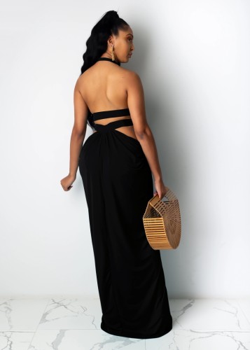Black Halter Cut Out Slit Backless Maxi Dress