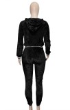 Black Velvet Long Sleeves Drawstring Hoody Top and Pants Two Piece Set