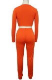 Orange Ruched Long Sleeves Strings Bodycon Crop Top and Pants Two Piece Set