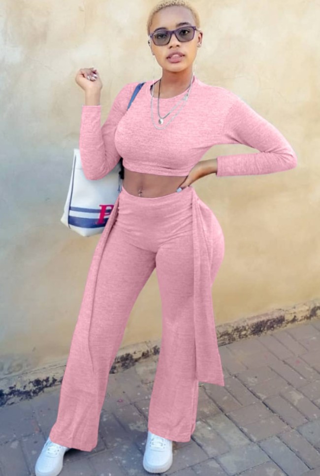 Pink Long Sleeves O-Neck Crop Top and Pants Two Piece Set