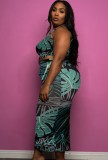 Plus Size Leaf Print Tank Crop Top and Long Dress Two Piece Set