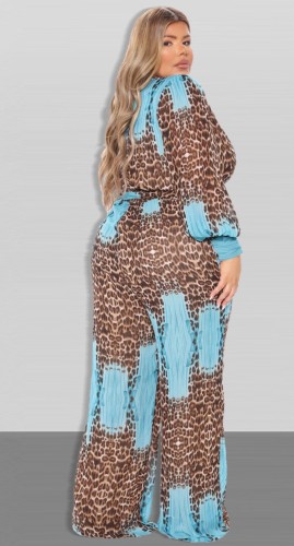 Plus Size Leopard Print Blue V-Neck Puff Sleeve Wrap Loose Jumpsuit with Belt