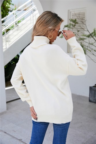White Turndown Collar Drop Shoulder Long Sleeves Pullover Sweater