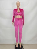 Pink Velvet Zipper Open Crop Top and Drawstring Pants Two Piece Set