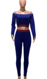 Red Piping Blue Off Shoulder Long Sleeve Crop Top and Skinny Pants Two Piece Set