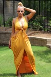 Yellow Halter Cut Out Slit Backless Maxi Dress
