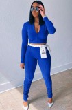 Blue Zipper Up Long Sleeve Crop Top and Pants Two Piece Set