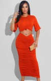 Orange-Red Short Sleeve O-Neck Crop Top and Ruched Long Dress Two Piece Set