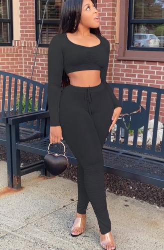 Black Ruched Long Sleeve Crop Top and Slim Fit Pant Two Piece Set