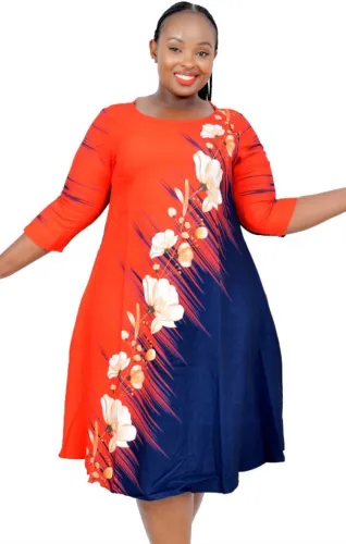 Plus Size Floral Print O-Neck A-Line Midi Dress
