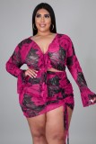 Plus Size Floral Purple Knotted Flare Sleeve Crop Top and Ruched Mini Skirt Two Piece Set