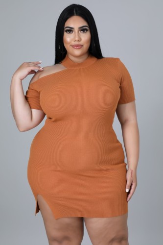 Plus Size Orange Cut Out Short Sleeve Slit Skinny Dress