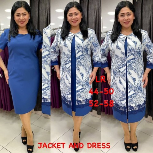 Plus Size Blue Short Sleeve Midi Dress and Long Coat Two Piece Set