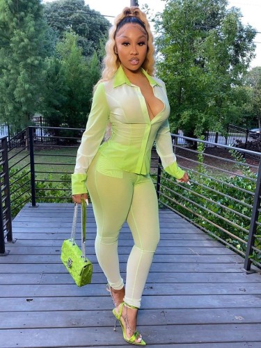 Gradient Long Sleeves Button Open Blouse and Matching Pants Two Piece Set