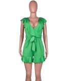 Green Deep-V Ruffles Rompers with Matching Belt