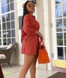 Red Stripes Button Up Long Blouse and Shorts Two Piece Set