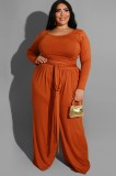 Plus Size Orange Long Sleeve O-Neck Top and Wide Pant with Belt Two Piece Set