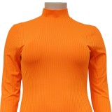 Plus Size Orange Knit High Neck Long Sleeve Midi Bodycon Dress