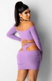 Purple Off Shoulder Lace Up Crop Top and Ruched Mini Skirt Two Piece Set