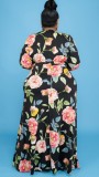 Plus Size Print Long Sleeve V-Neck Maxi Dress with Matching Belt