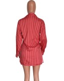 Red Stripes Button Up Long Blouse and Shorts Two Piece Set
