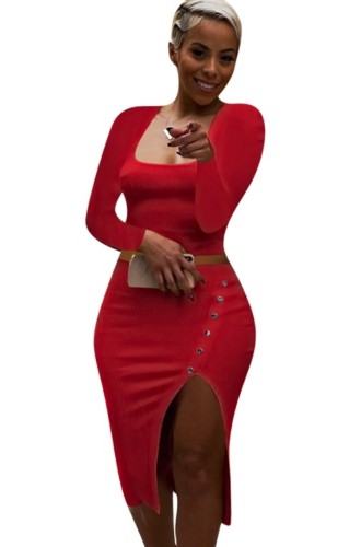 Red Square Neck Long Sleeves Crop Top and Slit Skirt Two Piece Set