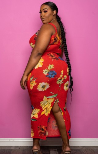 Plus Size Floral Print Tank Crop Top and Long Dress Two Piece Set