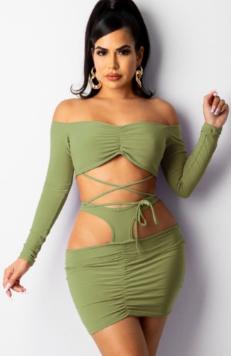 Green Off Shoulder Lace Up Crop Top and Ruched Mini Skirt Two Piece Set