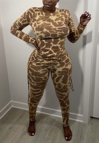Leopard Print Long Sleeves Strings Bodycon Shirt and Pants Two Piece Set