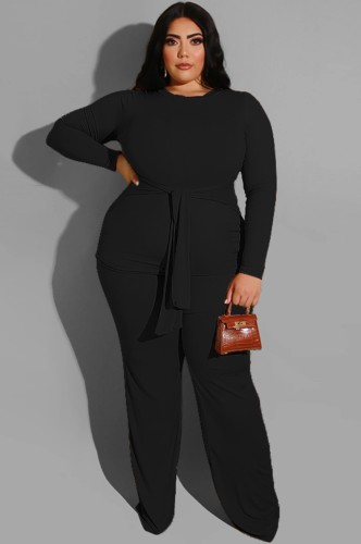 Plus Size Black Long Sleeve O-Neck Belted Top and Pant Two Piece Set