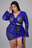 Plus Size Floral Blue Knotted Flare Sleeve Crop Top and Ruched Mini Skirt Two Piece Set