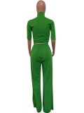 Green Zipper Up Crop Top and Drawstring Pants Two Piece Set