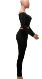 Red Piping Black Off Shoulder Long Sleeve Crop Top and Skinny Pants Two Piece Set