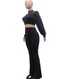 Black Puff Sleeve Crop Top and High Waist Pants Two Piece Set