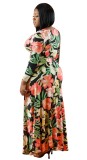 Plus Size Floral Print Long Sleeve V-Neck Maxi Dress