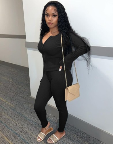Black Zipper Up Long Sleeve O-Neck Top and Pants Two Piece Set